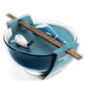 Blue ceramic noodle bowl set with spoon, chopsticks, and fish-shaped rest