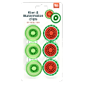 Pack of six round bag clips shaped like kiwi and watermelon slices in green and red