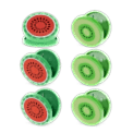 Six round bag clips shaped like kiwi and watermelon slices in green and red