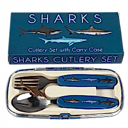 Stainless steel fork and spoon with dark blue plastic handles featuring pictures of sharks in plastic carry case