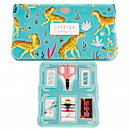 Sewing kit with card sleeve in turquoise and with cheetah print closed and open