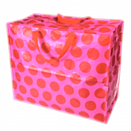 Recycled plastic jumbo storage bag in pink with red spots