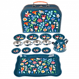 Metal tea party set pieces with carrying case in dark blue