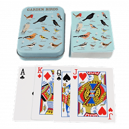 Standard deck of playing cards with print of garden birds on blue background on backs plus metal tin