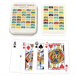 Standard deck of playing cards with print of periodic table on ecru background on backs plus metal tin