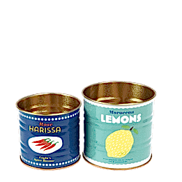 Mini metal storage tins in blue and teal with Moroccan lemons and Rose harissa branding
