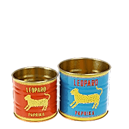 Mini metal storage tins in red and blue with Leopard paprika branding