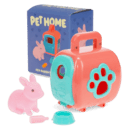 pet carrier with pink rabbit and packaging box in the background