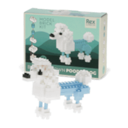 completed white and light blue poodle brick model alongside the packaging