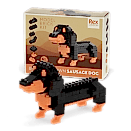 completed sausage dog model kit alongside the packaging
