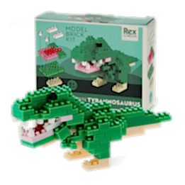 completed tyrannosaurus model alongside the packaging