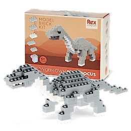 completed diplodocus model alongside the packaging