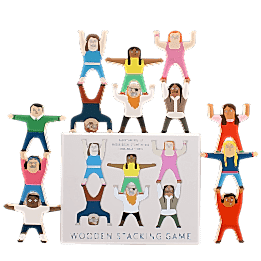 stacked 12 wooden characters around the product box