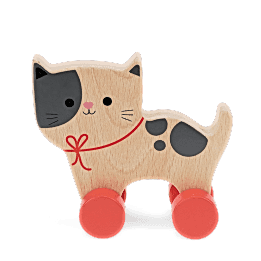 wooden push-along cat toy with red wheels