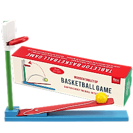 wooden tabletop basketball game with a box