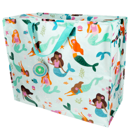 large rectangular bag with a light blue background, featuring colourful mermaid print