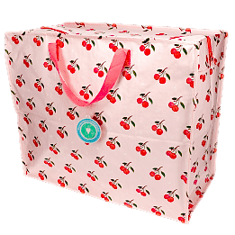 large rectangular bag with a cherry pattern on a light pink background