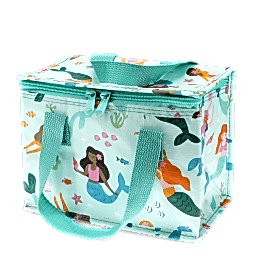 insulated lunch bag decorated with colourful mermaids