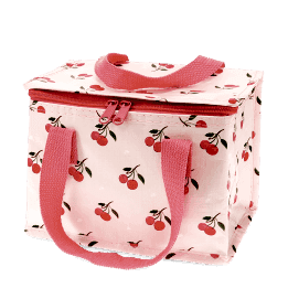 Insulated lunch bag decorated with cherry pattern on a light pink background