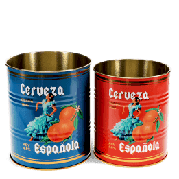 Two cylindrical storage tins, one blue and one red, featuring a vintage-style design with a woman in a traditional Spanish dress