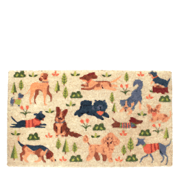Colourful doormat featuring various dogs in different poses and colours