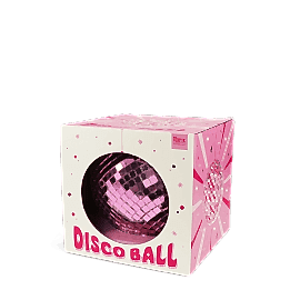 Pink disco ball inside a packaging labelled "DISCO BALL" in bold pink letters