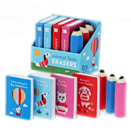 Set of erasers shaped like miniature books and pencils