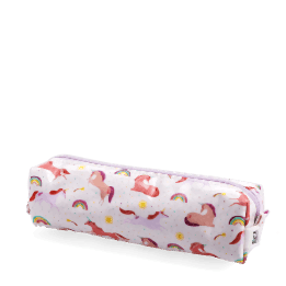 Pencil case in pink featuring colourful illustrations of unicorns, rainbows and stars