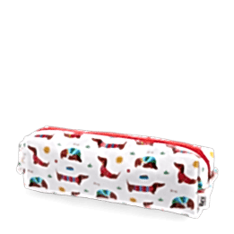 Pencil case in white featuring colourful illustrations of sausage dog