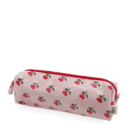 Pencil case in pink featuring colourful illustrations of red cherry print