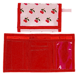 Wallet in pink featuring colourful illustrations of red cherry print with open cards slot