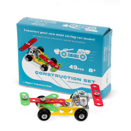 Completed colourful racing car model displayed with its packaging box