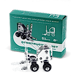 Completed forklift truck model displayed with its packaging box