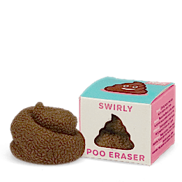 Brown swirl poo-shaped novelty eraser next to its packaging