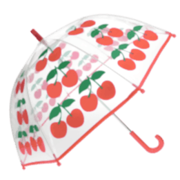 Transparent umbrella with red trim and cherry pattern