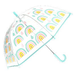 Transparent umbrella with light blue trim and rainbow pattern