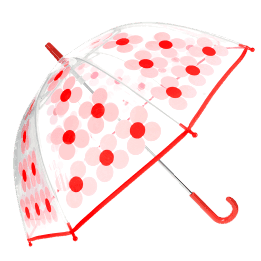 Transparent umbrella with red trim and pink daisy pattern