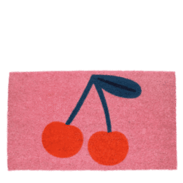 doormat featuring red cherry print in a pink background
