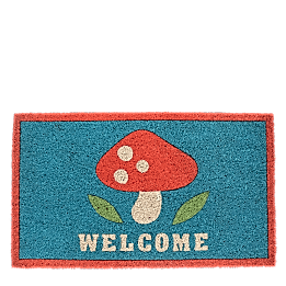 Colourful doormat featuring red mushroom and a welcome letter print