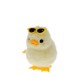 A fluffy yellow wind-up duck toy wearing yellow sunglasses