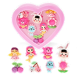 Assorted colourful rings with animal, mermaid, flower, and fruit designs in a pink heart-shaped box