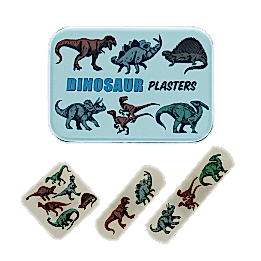 Dinosaur-printed plasters placed beside a matching storage tin featuring dinosaur illustrations