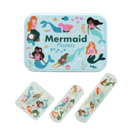Mermaid-printed plasters placed beside a matching storage tin featuring mermaid illustrations