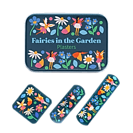 Fairy in the garden plasters beside a matching tin with fairy, butterfly, and flower illustrations