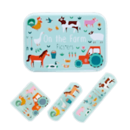 Farmyard-printed plasters placed beside a matching storage tin featuring farm animals illustrations