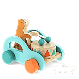 Wooden pull-along toy featuring a bear playing a drum, with colorful wheels