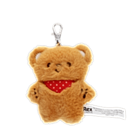 Light brown plush teddy bear keychain with a red polka-dotted bandana, metal clasp for attachment