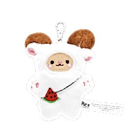 Yeti-shaped plush keyring with pink ears and paws, a watermelon accessory with metal clasp