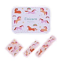 Unicorn-printed plasters placed beside a matching storage tin featuring rainbow and unicorn illustrations