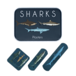 Sharks-printed plasters placed beside a matching storage tin featuring sharks illustrations
